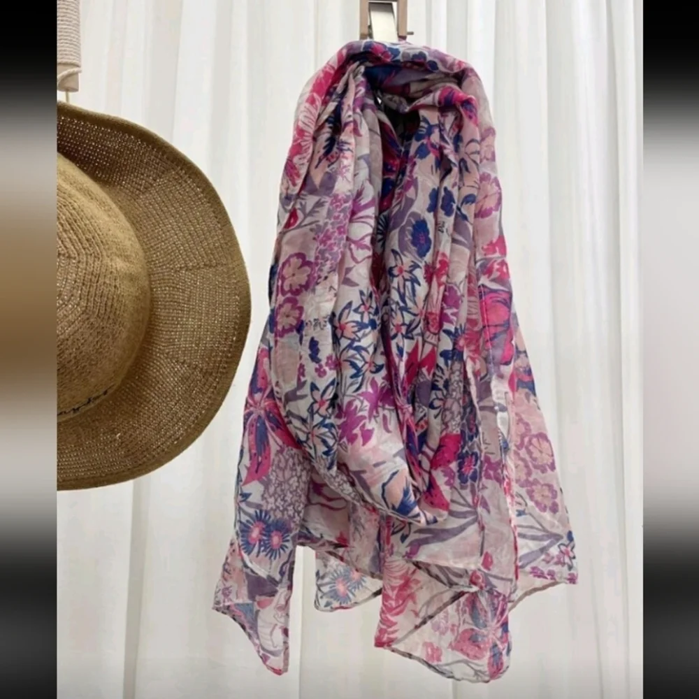 Floral Print Pink Blue Lightweight Long Scarf Cotton Blend